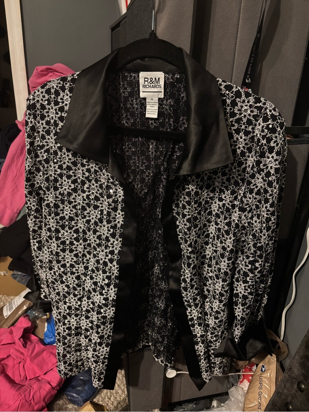 R&M Richards Black & White Lace Evening Jacket 16